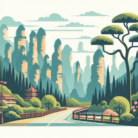 Landscape with mountain and road. Vector illustration in retro style.のイラスト素材