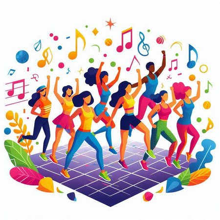 Group of happy young people dancing and listening to music. Vector illustration.のイラスト素材