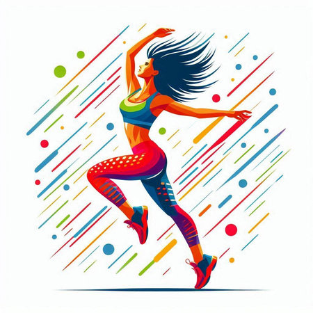 Vector illustration of a beautiful young woman running on a colorful background.のイラスト素材