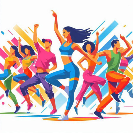 Group of dancing people. Vector illustration in flat style. Sport and healthy lifestyle.のイラスト素材