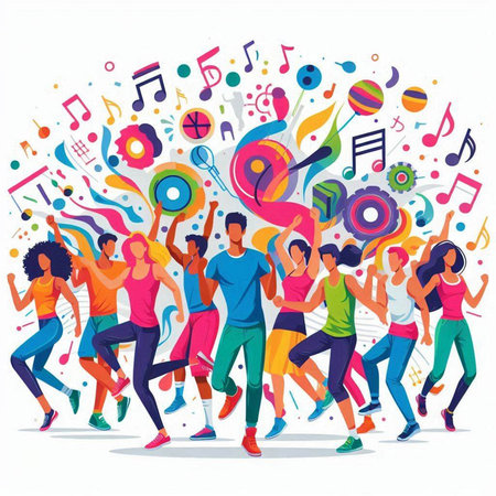 Happy people dancing and listening to music. Colorful vector illustration.のイラスト素材
