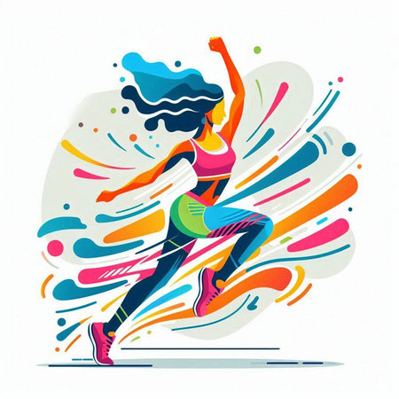 Vector illustration of a woman running in colorful background. Fitness and healthy lifestyle.のイラスト素材