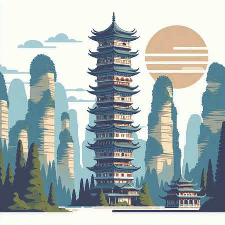 Chinese pagoda in the mountains. Vector illustration. Vintage style.のイラスト素材