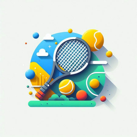 Tennis racket and balls on a colorful background. Vector illustration.のイラスト素材
