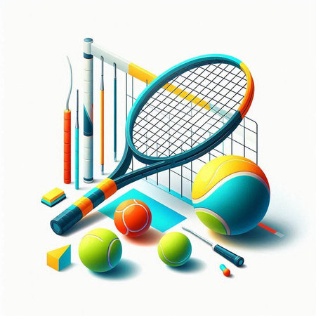 Tennis racket and balls on a white background. 3d illustrationのイラスト素材
