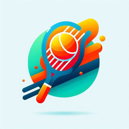 Tennis racket and ball icon with colorful abstract background. Vector illustration.のイラスト素材