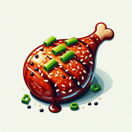 Illustration of a fried chicken leg with sesame seeds and green onionsのイラスト素材