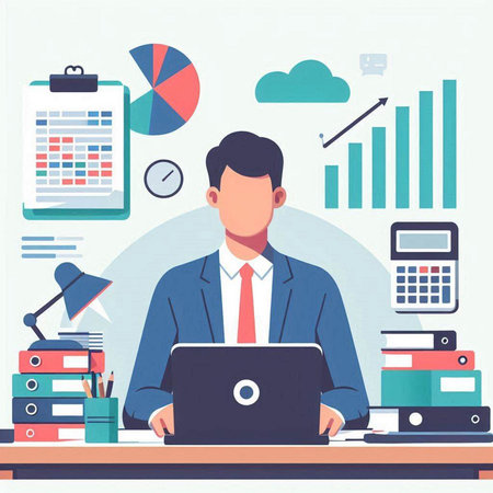 Businessman working at the office. Vector illustration in flat style.のイラスト素材