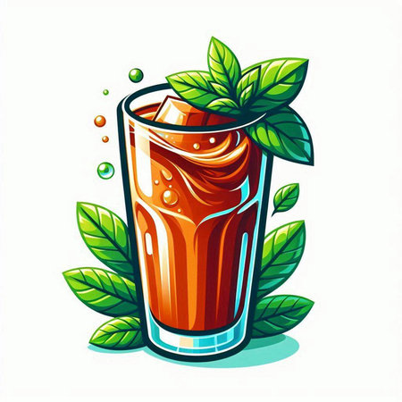 Cocktail with ice and mint isolated on white background. Vector illustration.のイラスト素材