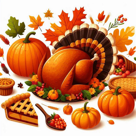 Thanksgiving holiday background with turkey and autumn leaves. Vector illustration.のイラスト素材