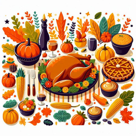 Thanksgiving dinner party vector illustration with roasted turkey, pumpkins, autumn leaves, berries, food and drinks.のイラスト素材