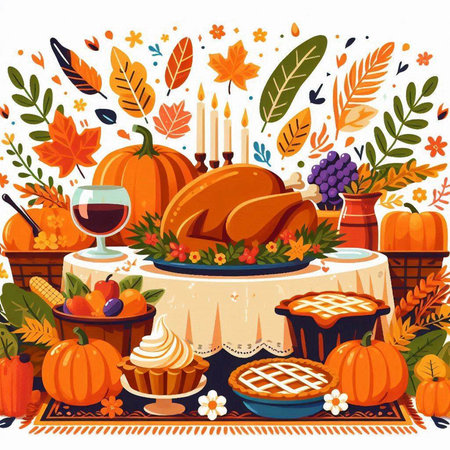 Thanksgiving day dinner vector illustration with roasted turkey, autumn leaves, pumpkins, pie, candies, berries, berries, cake and wineのイラスト素材