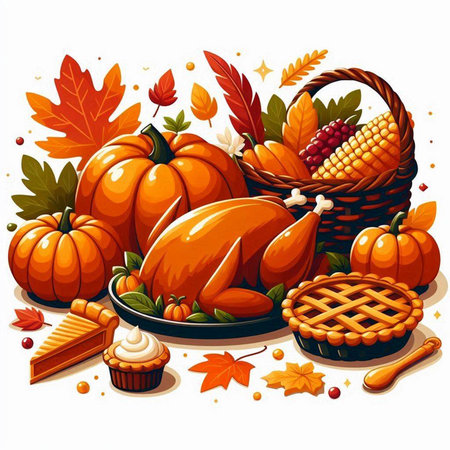 Thanksgiving day composition with pumpkins, basket, corn, pie and sweets isolated vector illustrationのイラスト素材