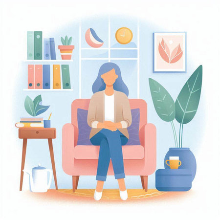 Girl sitting on the armchair in the living room. Vector illustrationのイラスト素材
