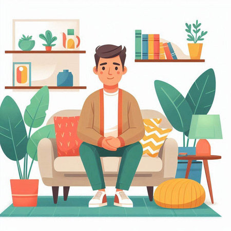 Young man sitting on sofa and relaxing at home. Vector illustration.のイラスト素材