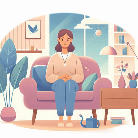 Vector illustration of a woman sitting on the sofa in the living roomのイラスト素材