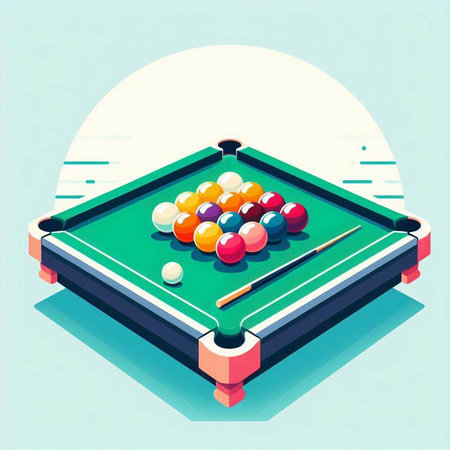 Billiard table with balls and cue in flat design style. Vector illustration.のイラスト素材