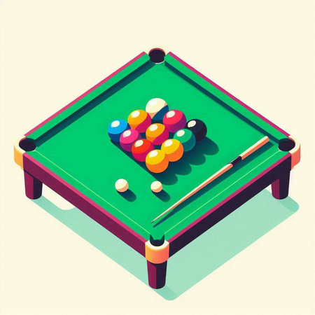 Billiard table with balls and cue. Vector isometric illustration.のイラスト素材