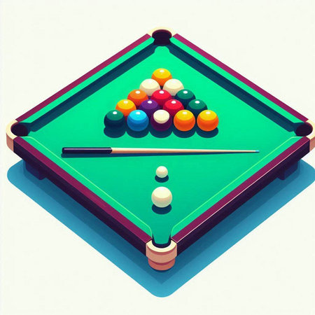 Billiard table with balls and cue in retro style. Vector illustration.のイラスト素材