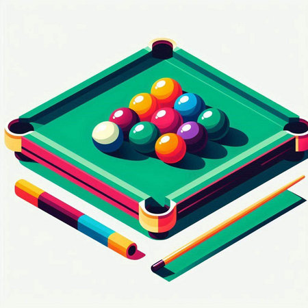 Billiard table with balls and cue, isometric vector illustration.のイラスト素材