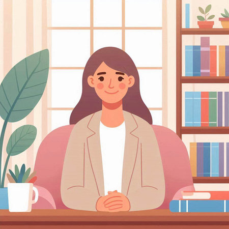 Young woman sitting at the desk in the office. Vector illustration.のイラスト素材