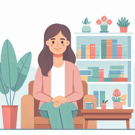 Young woman sitting on the sofa in her living room. Vector illustration.のイラスト素材