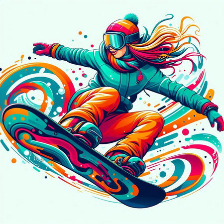 Vector illustration of a snowboarder in sportswear on colorful backgroundのイラスト素材