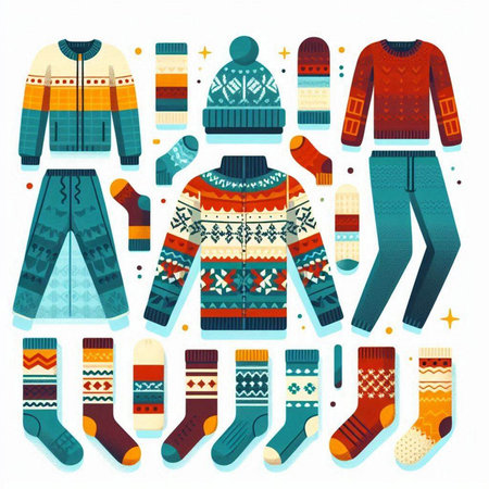 Winter clothes set. Knitted sweaters and socks. Vector illustrationのイラスト素材