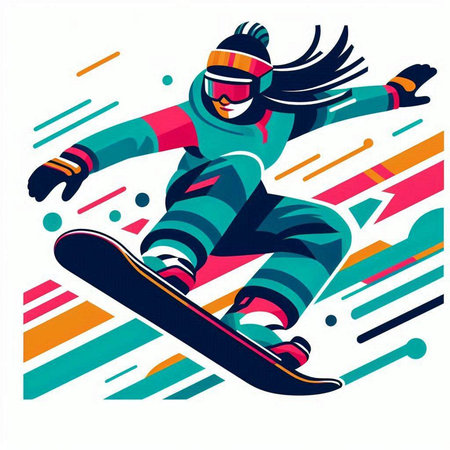 Snowboarder jumping on colorful background. Vector illustration in flat style.のイラスト素材
