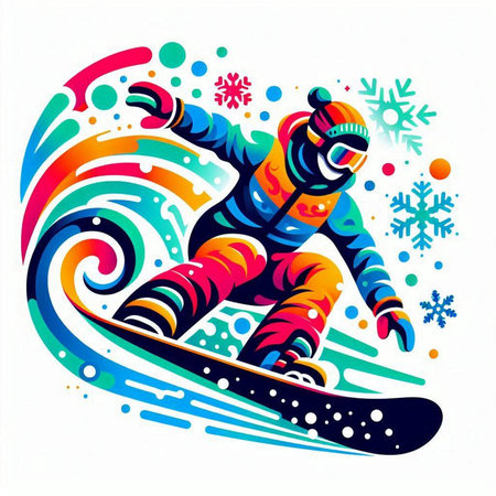 Snowboarder on a colorful background with snowflakes. Vector illustration.のイラスト素材