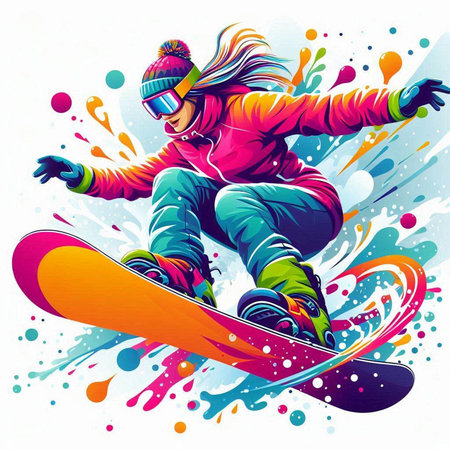 Vector illustration of a snowboarder jumping on colorful splashes backgroundのイラスト素材