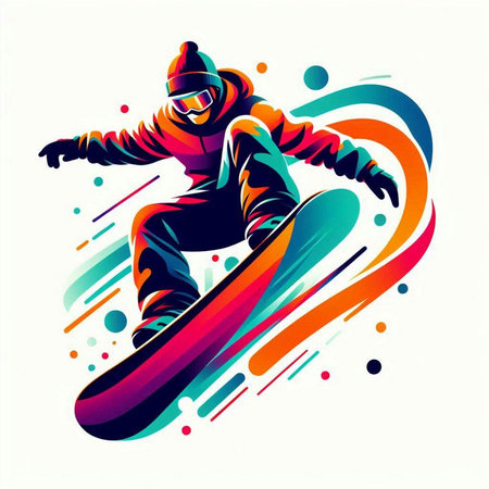 Snowboarder jumping in the air, vector illustration. Colorful background.のイラスト素材