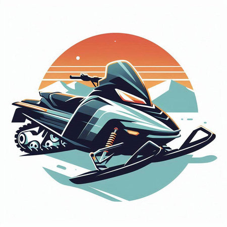 Snowmobile on the background of the sun and mountains. Vector illustration.のイラスト素材