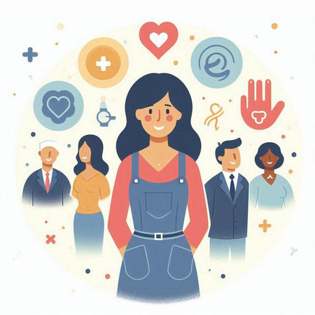 Flat design vector illustration concept of social media marketing. Young woman surrounded by social media icons.のイラスト素材