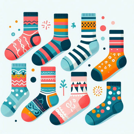 Set of colorful socks with different patterns. Vector illustration in flat style.のイラスト素材
