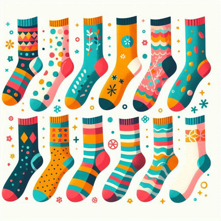 Set of colorful socks with different patterns on a white background. Vector illustration.のイラスト素材