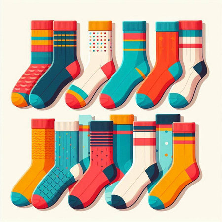 Colorful socks collection isolated on white background. Vector flat illustration.のイラスト素材