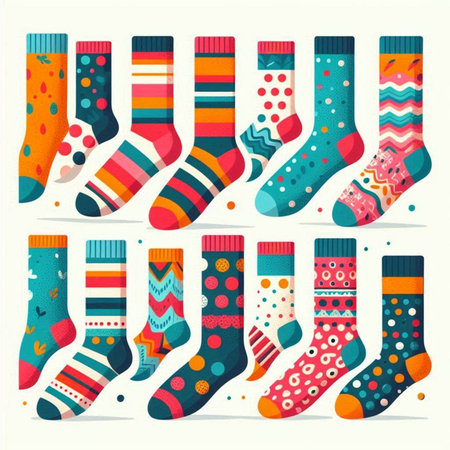 Set of colorful socks with different patterns. Vector illustration in flat styleのイラスト素材