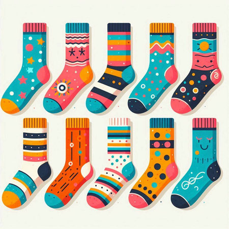 Set of colorful socks with different patterns. Vector illustration in flat style.のイラスト素材