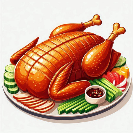 Illustration of a roasted turkey on a plate with vegetables on a white backgroundのイラスト素材