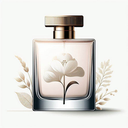 Perfume bottle with white flower and leaves. Vector illustration.のイラスト素材
