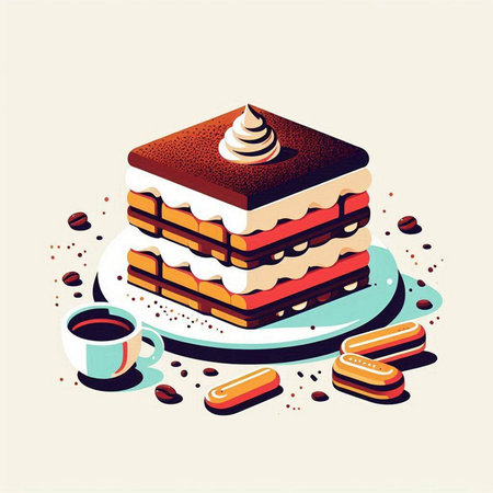 Tiramisu cake with coffee and macaroons. Vector illustrationのイラスト素材