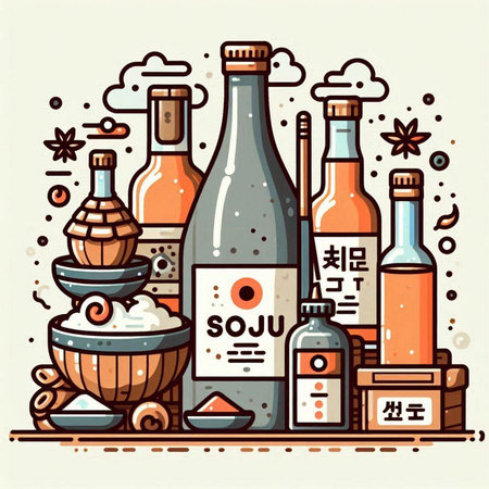 Soy sauce in bottles and spices in bowls. Vector illustration.のイラスト素材