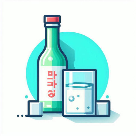 Bottle of vodka and glass of water. Vector illustration in flat styleのイラスト素材