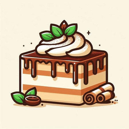 Cake with whipped cream and cinnamon. Vector illustration in cartoon style.のイラスト素材