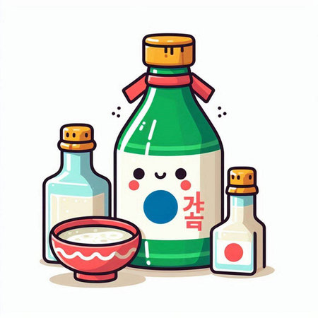 Soy sauce in glass bottle with lid. Vector flat cartoon character illustrationのイラスト素材