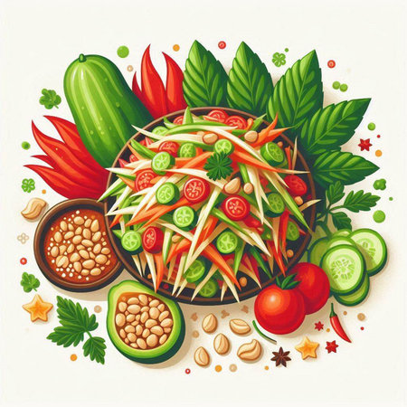 Papaya salad with vegetables, herbs and spices. Vector illustration.のイラスト素材