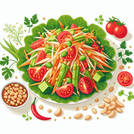 Vegetable salad with soybean, tomato, cucumber, carrot, onion and pepper. Vector illustration.のイラスト素材