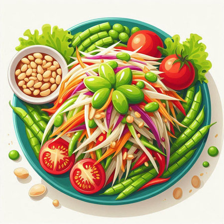 Somtum, traditional Thai food. Vector illustration of papaya salad with vegetables.のイラスト素材