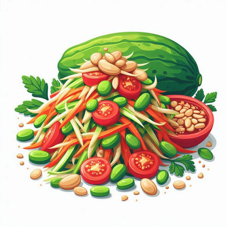 Papaya salad with cucumber, tomato, pepper and beans. Vector illustrationのイラスト素材